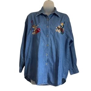 Quizz New York Vintage Christmas Teddy Bear Embroidered Denim Shirt Womens Med.